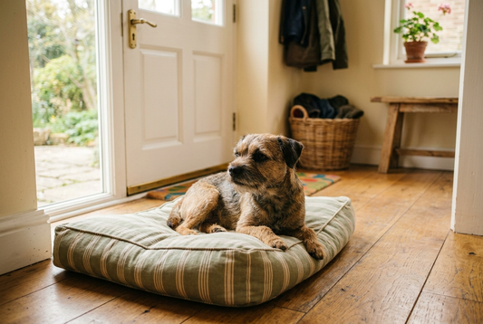 FELLNASENLIEBE: Border Terrier liegt entspannt und wach auf einem Kissen neben der Haustür (KI-generiertes Bild)