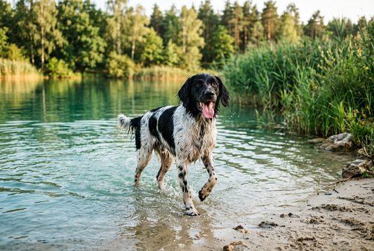 FELLNASENLIEBE: Large Munsterlander watet fröhlich aus einem klaren Baggersee (KI-generiertes Bild)