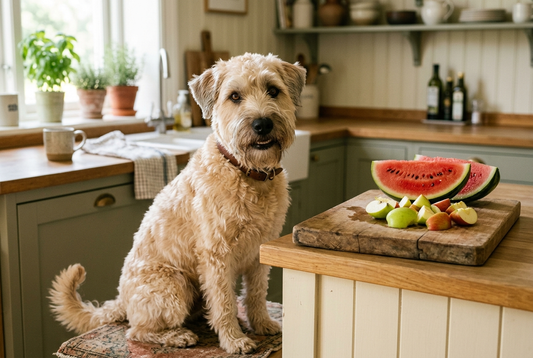 FELLNASENLIEBE: Soft Coated Wheaten Terrier sitzt erwartungsvoll neben Wassermelone und Apfelstücken in einer Küche (KI-generiertes Bild)