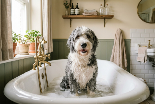 FELLNASENLIEBE: Bobtail sitzt entspannt in einer Badewanne mit etwas Schaum (KI-generiertes Bild)