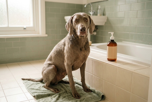 FELLNASENLIEBE: Weimaraner sitzt am Wannenrand neben einer neutralen Hundeshampoo-Flasche im hellen Bad (KI-generiertes Bild)