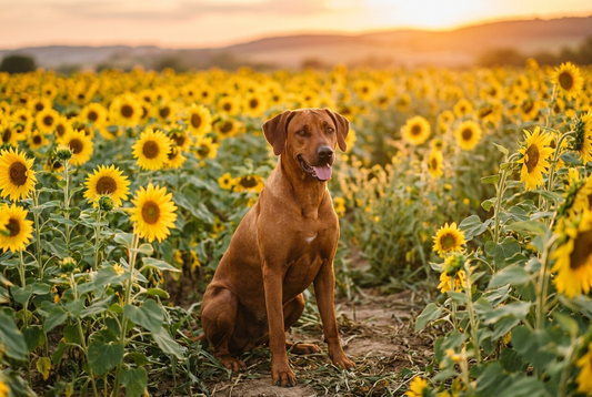 FELLNASENLIEBE: Rhodesian Ridgeback sitzt zufrieden in einem blühenden Sonnenblumenfeld in der goldenen Abendsonne (KI-generiertes Bild)