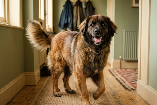FELLNASENLIEBE: Leonberger begrüßt freudig mit hoch getragener wedelnder Rute im Flur (KI-generiertes Bild)