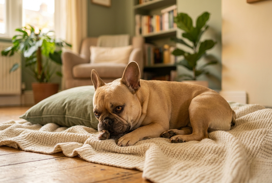 FELLNASENLIEBE: French Bulldog knabbert entspannt an seiner Vorderpfote auf einer Decke (KI-generiertes Bild)