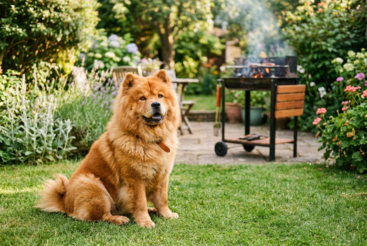 FELLNASENLIEBE: Chow Chow sitzt entspannt im Garten mit sicherem Abstand zum Grill (KI-generiertes Bild)