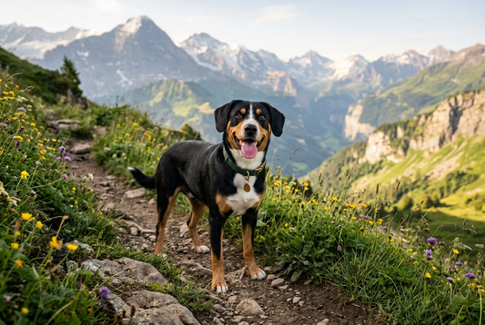 FELLNASENLIEBE: Entlebucher Sennenhund steht fröhlich auf einem Bergpfad mit Alpenpanorama (KI-generiertes Bild)