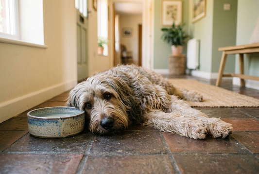 FELLNASENLIEBE: Briard ruht entspannt auf kühlen Fliesen neben einem vollen Keramik-Wassernapf (KI-generiertes Bild)