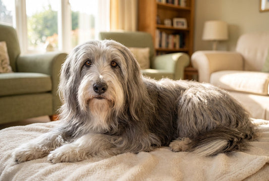 FELLNASENLIEBE: alter Hund mit grauer Schnauze ruht entspannt auf einer weichen Decke (KI-generiertes Bild)