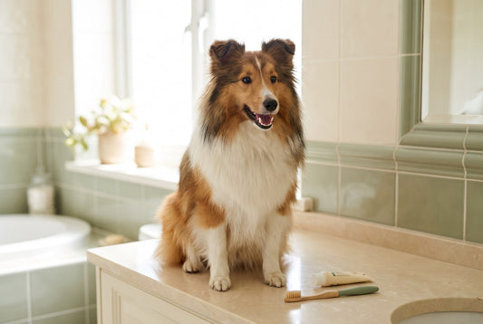 FELLNASENLIEBE: Hund entspannt beim Blick ins Maul waehrend der Zahnpflege-Routine (KI-generiertes Bild)