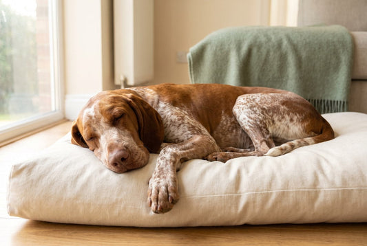 FELLNASENLIEBE: ein entspannt schlafender Hund, der gerade träumt (KI-generiertes Bild)