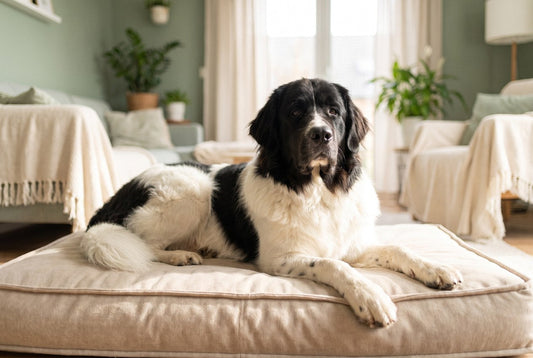 FELLNASENLIEBE: Hund liegt entspannt auf einem weich gepolsterten Liegeplatz (KI-generiertes Bild)