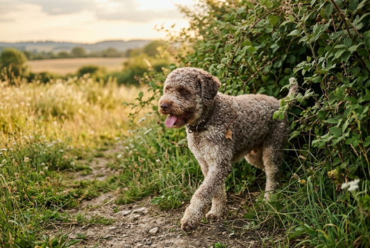 FELLNASENLIEBE: Lagotto Romagnolo tritt mit einem Blatt im Fell aus einer Brombeerhecke auf einen Wiesenweg im Abendlicht (KI-generiertes Bild)