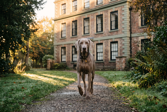 FELLNASENLIEBE: Weimaraner läuft im Morgenlicht über einen schattigen Weg, im Hintergrund ein Backsteinhaus mit schwarzen Sprossenfenstern (KI-generiertes Bild)