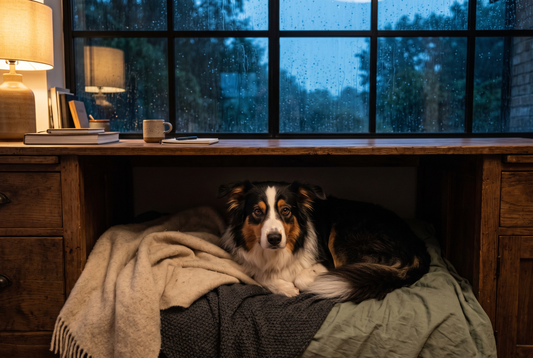 FELLNASENLIEBE: Australian Shepherd liegt in einer Deckenhöhle unter dem Schreibtisch, draußen Regen am schwarzen Sprossenfenster (KI-generiertes Bild)