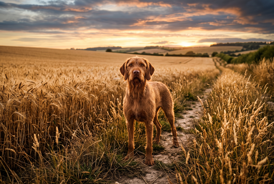 FELLNASENLIEBE: Drahthaar-Vizsla steht aufmerksam am Rand eines goldenen Getreidefelds im Abendlicht (KI-generiertes Bild)