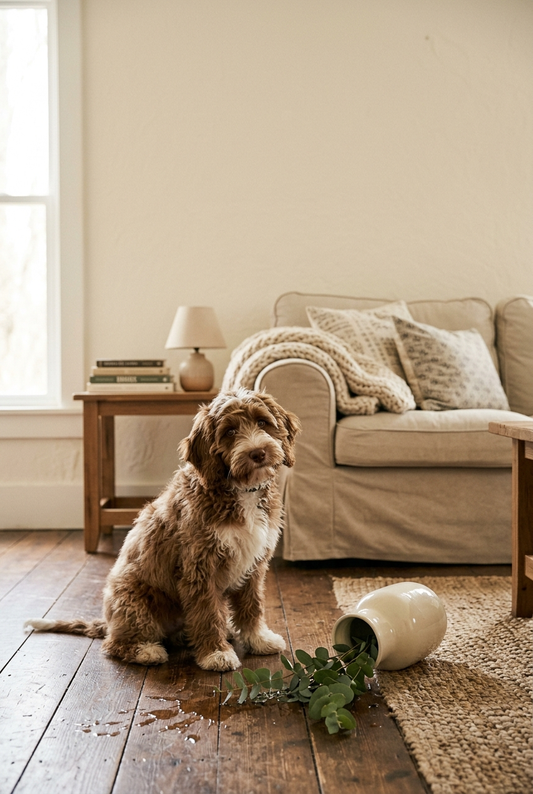 Junger Cockapoo sitzt mit unschuldigem Blick neben einer umgekippten Keramikvase (KI-generiertes Bild)