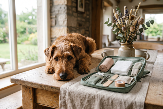 FELLNASENLIEBE: Irish Terrier legt den Kopf auf den Holztisch neben einer offenen Hunde-Hausapotheken-Tasche in Salbeigrün (KI-generiertes Bild)
