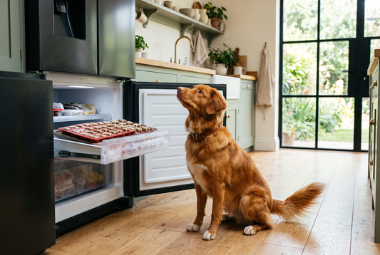 FELLNASENLIEBE: Nova Scotia Duck Tolling Retriever sitzt erwartungsvoll vor der offenen Gefrierschublade mit selbstgemachtem Hundeeis in der Sommerküche (KI-generiertes Bild)