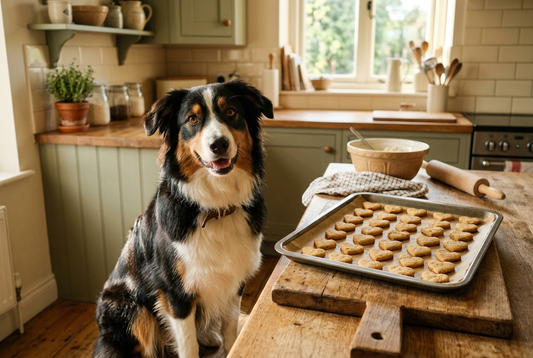 FELLNASENLIEBE: Australian Shepherd sitzt zufrieden neben einem Blech mit herzförmigen selbstgebackenen Hundekeksen in der Küche (KI-generiertes Bild)