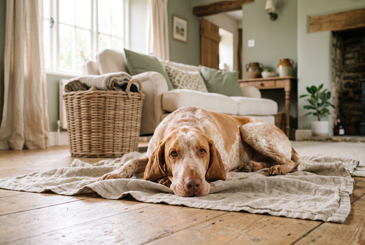 FELLNASENLIEBE: Bracco Italiano mit langen Schlappohren liegt entspannt auf einer Leinendecke im hellen Landhaus-Wohnzimmer (KI-generiertes Bild)