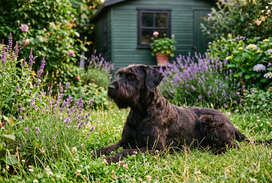 FELLNASENLIEBE: Riesenschnauzer liegt im Sommergarten zwischen blühendem Lavendel und beobachtet eine Hummel, dahinter ein dunkelgrünes Gartenhaus mit schwarzem Sprossenfenster (KI-generiertes Bild)