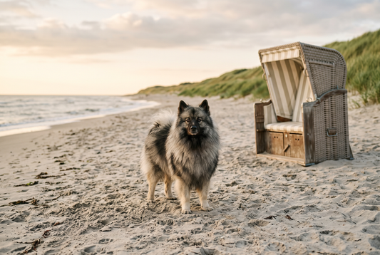 FELLNASENLIEBE: Wolfsspitz steht am weiten Ostseestrand neben einem Strandkorb im Abendlicht (KI-generiertes Bild)
