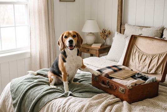 FELLNASENLIEBE: Beagle sitzt stolz neben einem offenen Vintage-Koffer auf dem Bett, eine Pfote auf dem Kofferrand (KI-generiertes Bild)