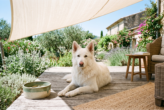 FELLNASENLIEBE: Weißer Schweizer Schäferhund mit heller Nase liegt im Schatten eines Sonnensegels auf der Sommerterrasse (KI-generiertes Bild)