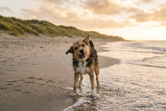 FELLNASENLIEBE: Nasser Terrier-Mischling schüttelt sich an der Wasserlinie am Strand im goldenen Abendlicht (KI-generiertes Bild)