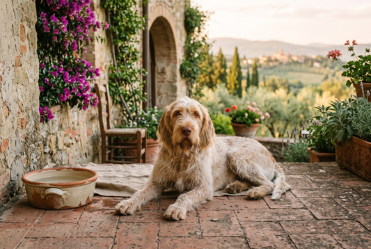 FELLNASENLIEBE: Spinone Italiano liegt entspannt im Schatten auf einer Terracotta-Terrasse neben einer Wasserschale, Zypressen und Olivenbäume im Abendlicht (KI-generiertes Bild)
