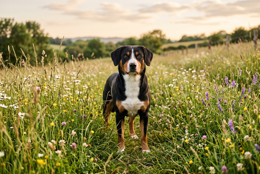 Lilo, die Entlebucher Sennenhündin von FELLNASENLIEBE, steht aufmerksam in einer blühenden Sommerwiese im Abendlicht (KI-generiertes Bild)
