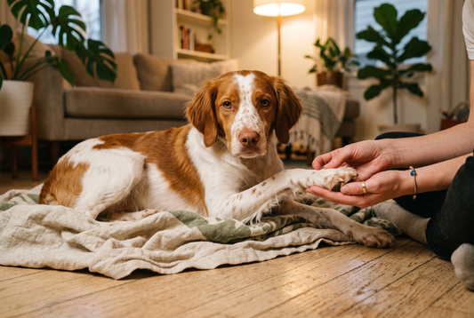 FELLNASENLIEBE: Bretonischer Vorstehhund liegt entspannt, während Hände sanft die Zehen der Vorderpfote spreizen und dazwischen nachschauen (KI-generiertes Bild)