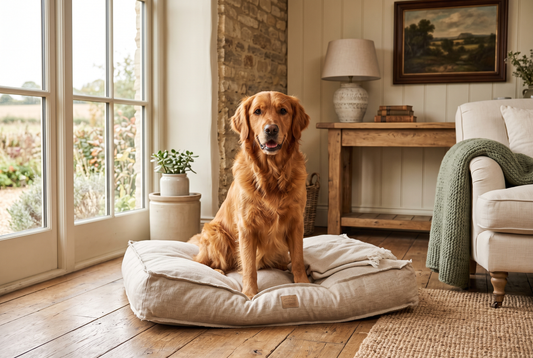 Golden Retriever sitzt aufmerksam auf einem Leinen-Hundekissen in einem hellen Landhaus-Wohnzimmer (KI-generiertes Bild)